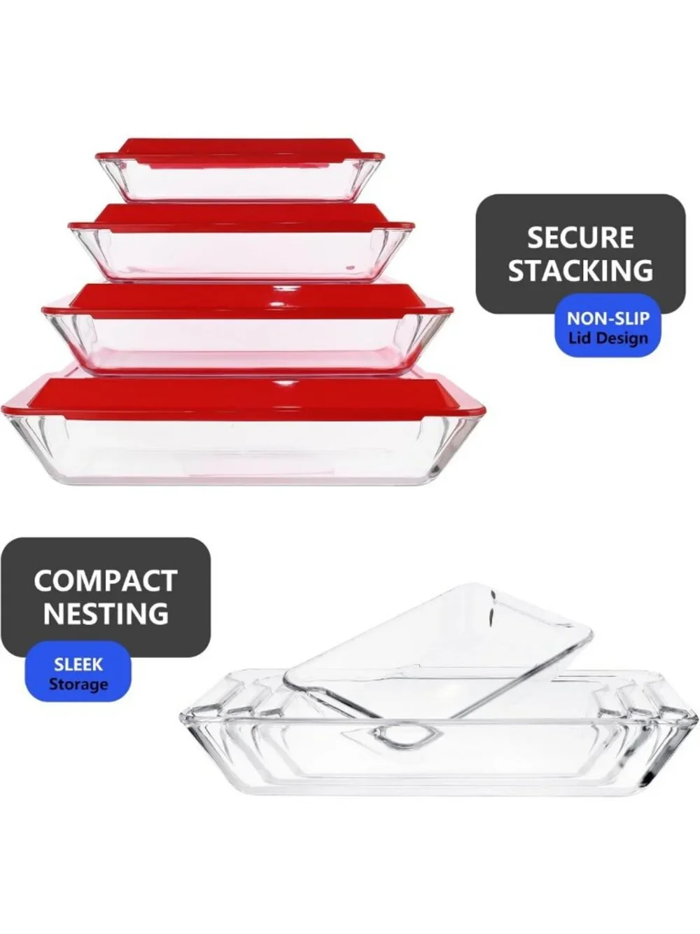 4-Piece Deep Glass Baking Dish Set with Lids - Versatile Sizes for Cooking